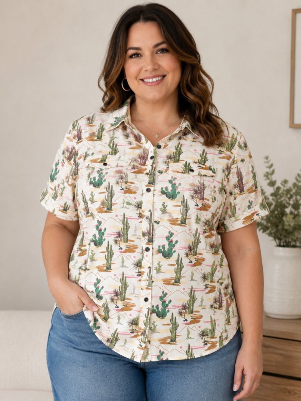 Ariattek Desert Cactus Button-Up Shirt – Size XXL